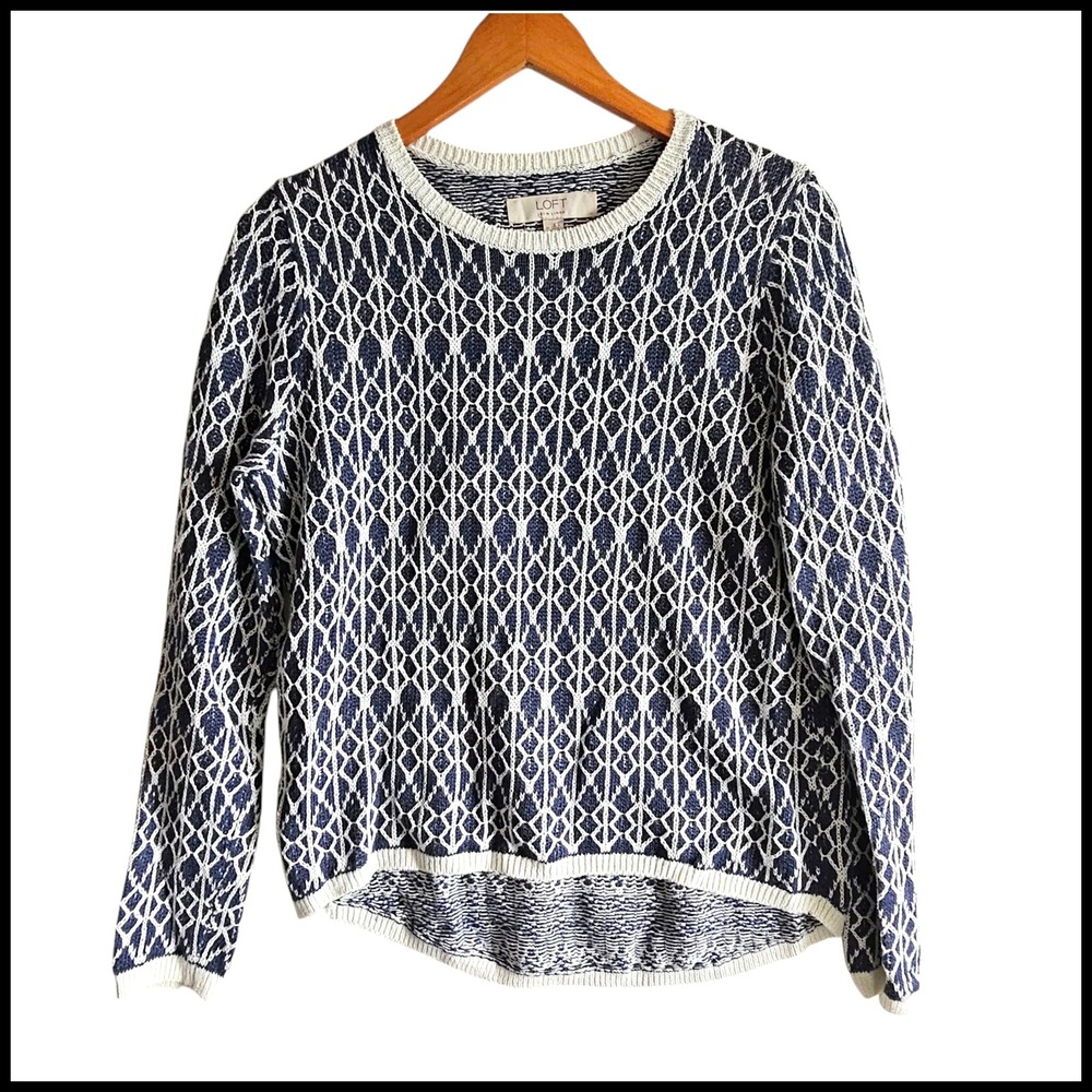 LOFT 100% Linen Sweater Diamond Pattern Crew Neck Pullover‎ Top Size M